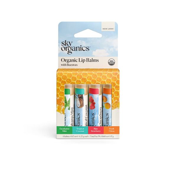 Sky Organics Organic Lip Balms With Beeswax for Lips, USDA Certified Organic, Four Assorted Flavors to Moisturize, Soothe & Soften, 4pk.
