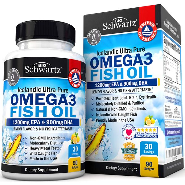 Omega 3 Fish Oil Supplement - 1200mg EPA and 900mg DHA Fatty Acid Per Serving from Wild Caught Fish - Supports Joint, Eyes, Brain & Skin Health - Burpless Lemon Flavor, Gluten-Free, 90 Softgels