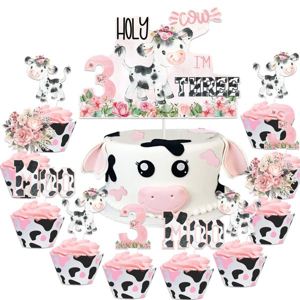 31 Pcs Holy Cow I'm Three Birthday Cupcake Topper Cow Three Years Old Cake Cupcake Topper for Farm Animals Cow Theme Girls 3rd Birthday Party Cake Decorations Supplies