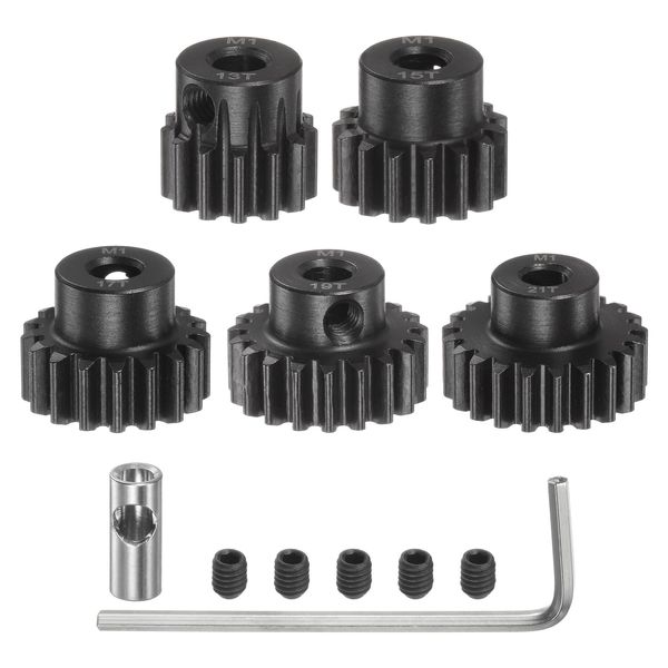 uxcell M1 Mod1 Pinion Gear Set 5mm Shaft 13T 15T 17T 19T 21T Motor Gear Hardening Steel Pinion Gear with 3.17mm Coupler for RC Car (Set of 5)