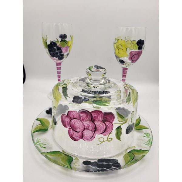 Handpainted Glass Cheese Dish W/ 2 Wine Glasses Handpainted Set