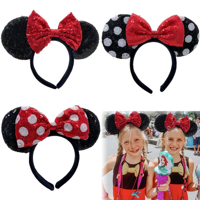 XXXPOWERXXX Mouse Ears Bow Headbands,3PCS Shiny Bow Valentine Ears Classic Hairbands,Red Sequin Red Dot Christmas Party Princess Cosplay Costume Hair Band Gift for Women Girls