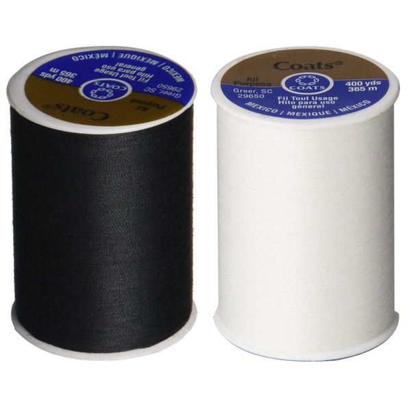 2-Pack - BLACK & WHITE - Coats & Clark Dual Duty All-Purpose Thread - One 400 Yard Spool each of BLACK & White