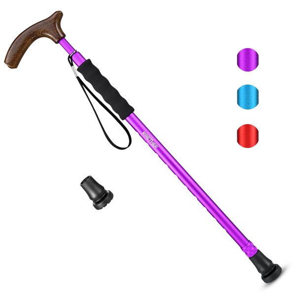 Rirether Adjustable Walking Stick Balancing Mobility Aid, Lightweight Aluminum Alloy Walking Cane, Portable Sturdy Telescoping Cane with Anti-Slip Tip, Carrying Bag (2Tips),（Purple）