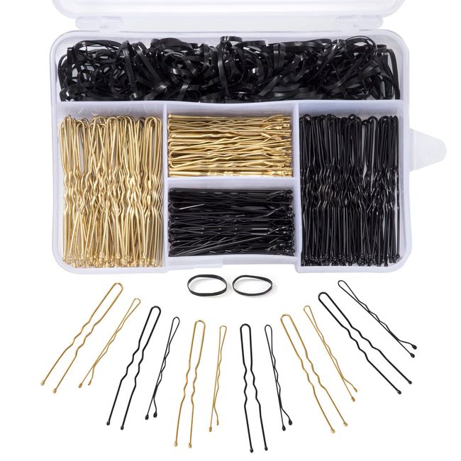 Haarnadeln Gold Schwarz Bobby Pins Haarspangen Metall Set 200 Stück Unsichtbarer mit Aufbewahrungsbox Haargummi 100 Stück für Frauen Dame Mädchen Kinder Friseursalon