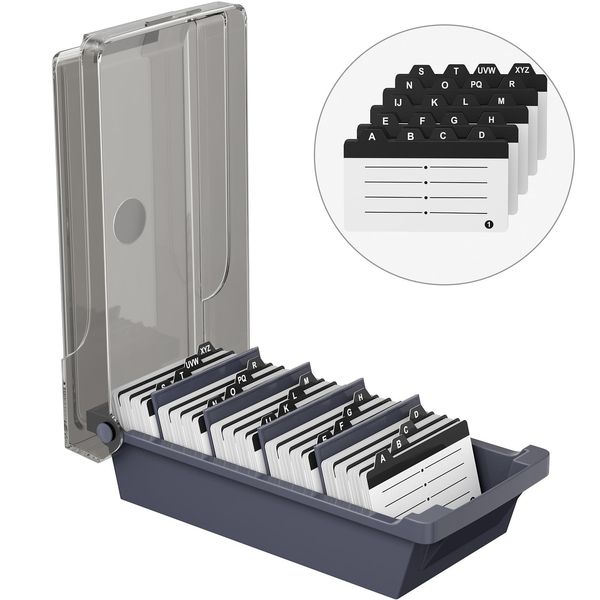 MaxGear Business Card Holder for Desk, Business Card Case Organizer, Credit Card Holder File, Business Card Holders Box Storage, Capacity: 500 Cards (2.2” x 3.5”), 4 Divider Boards & A-Z Tabs, Gray