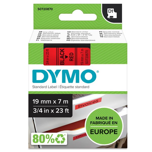 DYMO Authentic D1 Labels | Black Print on Red Tape | 19 mm x 7 m | Self-Adhesive Labels for LabelManager Label Makers | Made in Europe