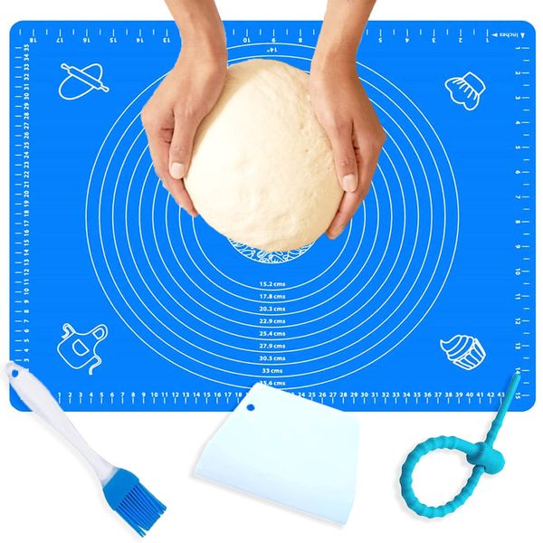 Non-Stick and No-Slip Silicone 19.7''x15.8'' Baking Pastry Mat 50x40cm Fondant Mat Dough Rolling Mat+ Pastry Brush +Dough Scraper Cutter +Reusable Wrapping Tie (Blue)