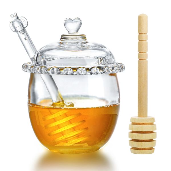 H&D Hyaline&Dora Glass Honey Jar with Dipper and Lid,6oz Glass Honey Pot,Crystal Honey Dispenser,Honey Containers with Dipper,Honey Jar for Storing and Dispensing Honey For Home Kitchen