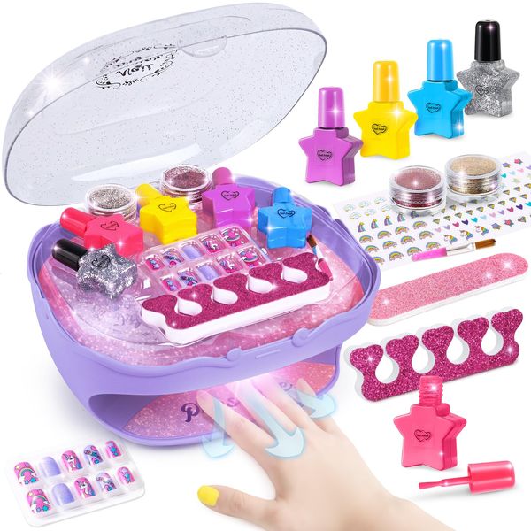 Shemira Nail Polish Kit For Girls Ages 7-12 Years Old, Nail Art Toy For Girls 5 6 7 8 9 10 11 12 Years Old, Nail Art Studio With Purple Nail Dryer For Girls, Ideal Birthday Gifts For Girls 5-7 7-9