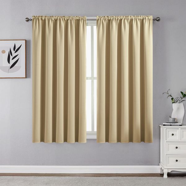 CUCRAF Beige Blackout Curtains 45 inch Length 2 Panels Set, Rod Pocket Room Darkening Drapes for Bedroom Living Room, Insulated Thermal Light Blocking Window Curtain (W52 x L45 Inch)