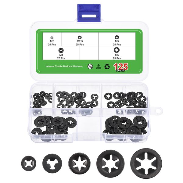 sourcing map 125Pcs Internal Tooth Washers Assortment Kit, 65Mn Tooth locking Ring Washers Quick Speed Nut ing Fastener, 5 Size, Black