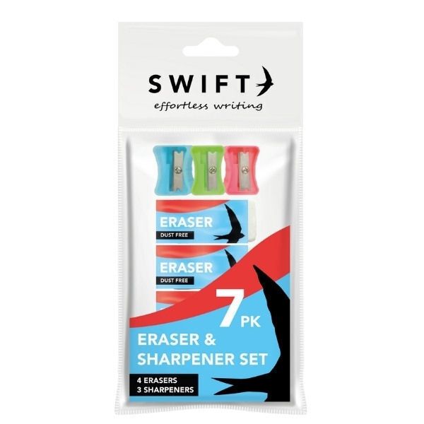 7 Piece Eraser & Sharpener Set - Stationery School Set Exam Rubber Pencil Sharp