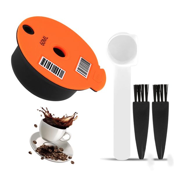 Refillable Coffee Capsule Cup Reusable Coffee, Suitable for Bosch refillable Coffee Capsule, with Coffee Spoon, Brush, Compatible with Tassimo Machine with readable Barcode (60ml, Orange)