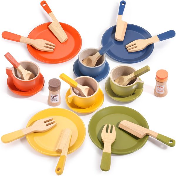 GAGAKU Wooden Play Food Sets for Kids Kitchen,Montessori Wooden Play Food Toys Play Plates and Dishes for Kids Wooden Play Kitchen Accessories Play Dishes for Toddler Boys Girls Gifts