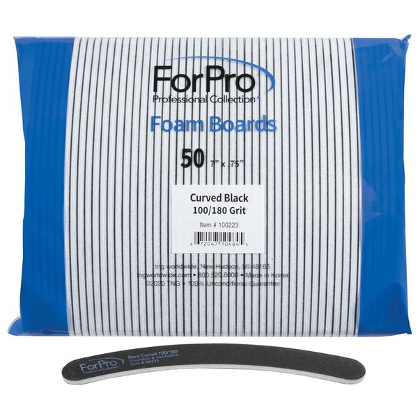 ForPro Professional Collection Curved Foam Boards, Black, 100/180 Grit, Double-Sided Manicure and Pedicure Nail Files, 7” L x .75” W, 50-Count