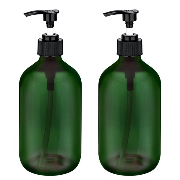 2 Pack Pump Bottles Dispenser 16.9 OZ 500ml Bathroom Countertop Pump Dispensers Refillable Plastic Containers for Lotion Shampoo Body Wash Hand Dish Soap Kitchen Accessories with Waterproof Labels