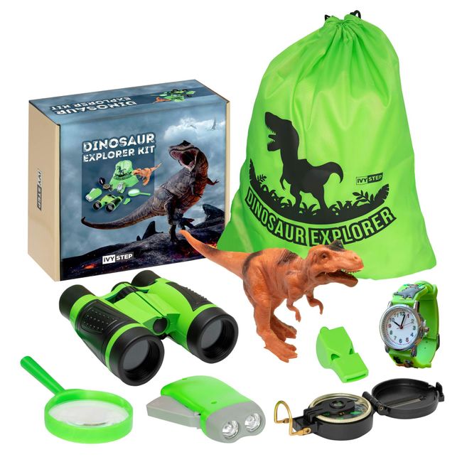 Dinosaur Kids Explorer Kit - Binoculars, Flashlight, Watch, Magnifying Glass, Carry Bag, Compass, Whistle, Dinosaur Toys - Dino Toy Adventure Set - Kid's Gifts - Perfect for Outdoor Play and Camping