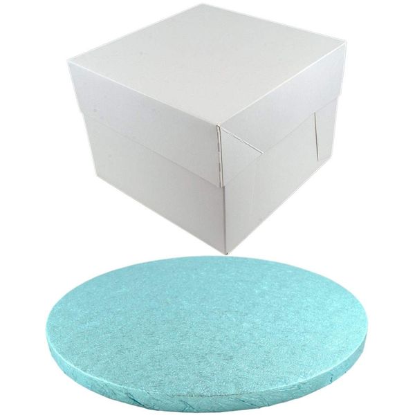 Doric ROUND COLOURED Drum cake BOARD and white transporting BOX (8 Inch, Light Blue)