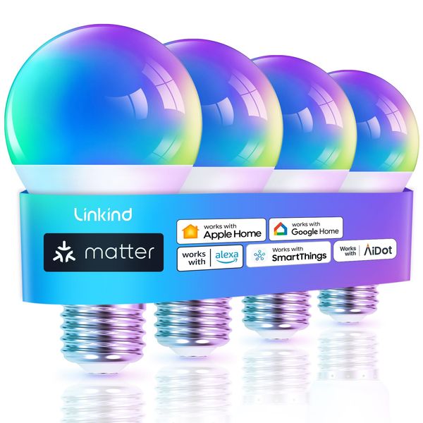 Linkind Matter Smart RGBTW Bulb, E27 Smart Bulb, Smart LED Light Bulbs Screw, 9W, 806lm, Smart Led Bulb with Music Sync,Works with Apple Home/Siri/Google Home/Alexa/SmartThings, 4 Pack