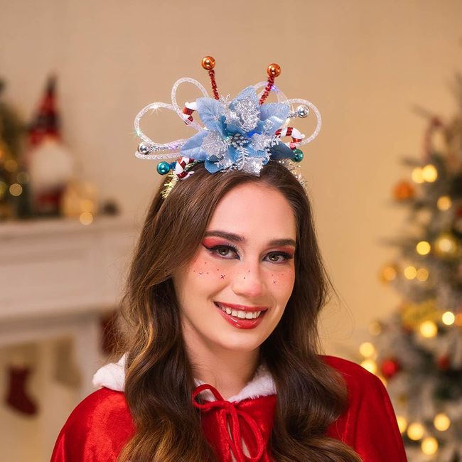 IYOU Light Up Christmas Headband Led Blue Flower Xmas Hair Hoop Candy Cane Festival Costume Hair Accessories for Women and Girls