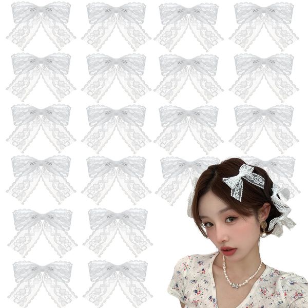 20 PCS White Lace Bow Hair Clips Metal alligator Bowknot clips for Teens Hollow Out Butterfly Hair Barrettes for Thin Thick Cute Hair Accessories for Women and Girls Bridal Cosplaying