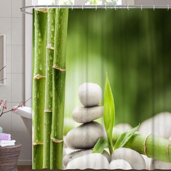 M&W DAS DESIGN Duschvorhang Bambus leichten Nebel reflektiert Textil Vorhang grün exotisch Stein Relax Schimmelresistent Bambusblatt Spa Ruhe inkl. 12 C-Ringe Gewicht unten 180x200cm(BxH)