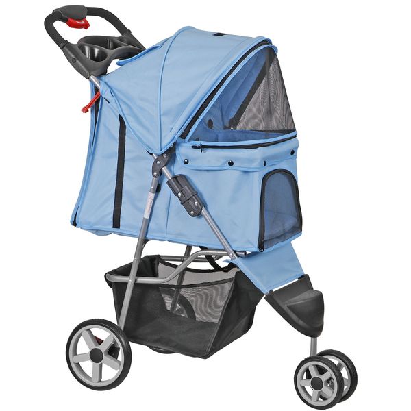 Dog Stroller Pet Carriage 3 Wheeler w/Foldable Carrier Cart & Cup Holder, Blue