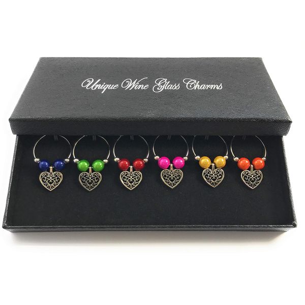 Bright Colour Antique Hearts Wine Glass Charms with Gift Box