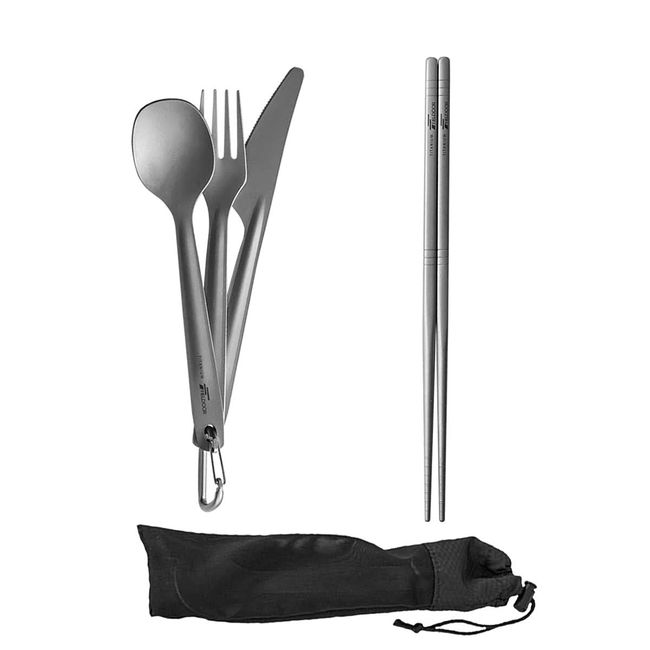 FIELDOOR Titanium Cutlery, Set of 4, Camping Tableware, Cooker, Chopsticks, Fork, Spoon, Knife, Storage Bag, Carabiner, Compact, Lightweight, Portable, For Outdoor Activities, Camping, BBQs, Climbing, Everyday Use