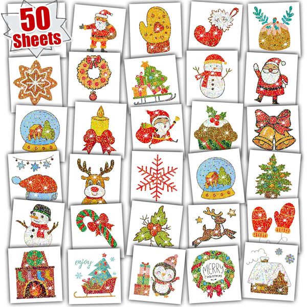 Leesgel Christmas Glitter Tattoos for Kids, 50 Individual Sheets Xmas Tattoo Stickers for Christmas Decorations, Christmas Stocking Fillers Craft Supplies Eve Box Party Games Toys Accessories