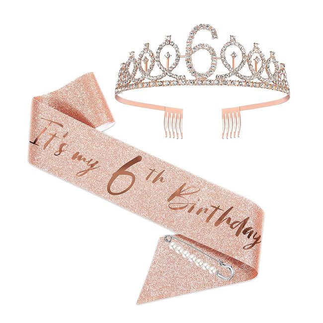 6th Birthday Sash and Tiara Set Rose Gold Birthday Sash Crown Birthday Party Favors Supplies for Girls Birthday Party