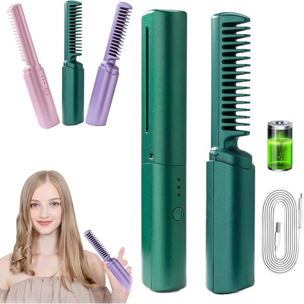 Rechargeable Mini Hair Straightener, 2 in 1 Anti-Scald Hair Straightener Brush and Curler,Portable USB Plug-in Small Hair Curler Iron,Ceramic Mini Hair Curling Iron for Short and Long Hair (Green)