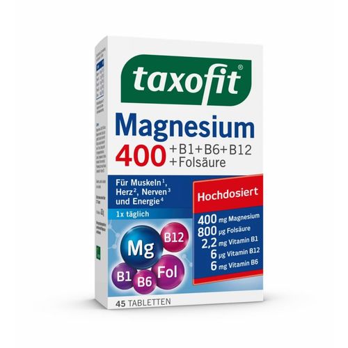 taxofit Magnesium 400 Tablets for Muscles, Heart, Nerves, Energy Metabolism and Blood Formation, High Dose, Vegan, Dietary Supplement with Magnesium, B Vitamins and Folic Acid, 45 Tablets