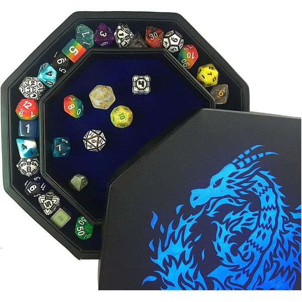 Fantasydice Blue Fire Dragon Dice Tray with Lid – 9" Octagon with Dice Staging Area, Holds 5 Dice Sets – Perfect for D&D, Call of Cthulhu, Shadowrun, and All Tabletop RPGs