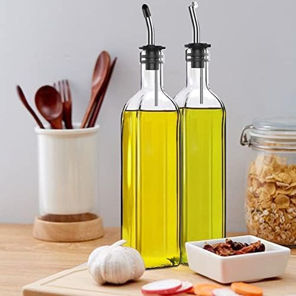 2 Pcs Glass Olive Oil Dispenser Bottle Kitchen Container Dispensers Set 4 Labels