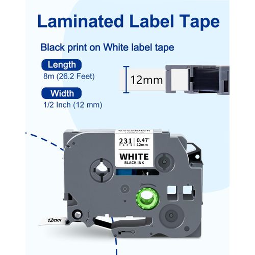Value-Pack TZe-231 Compatible with Brother P Touch Label Tape TZe231 TZ-231 TZ Tape 12mm 0.47 Laminated White Work with Ptouch PT-D220 D210 H100 PTD400 PTD-600 PTD610BT Label Maker, 1/2 Inch x 26.2 ft