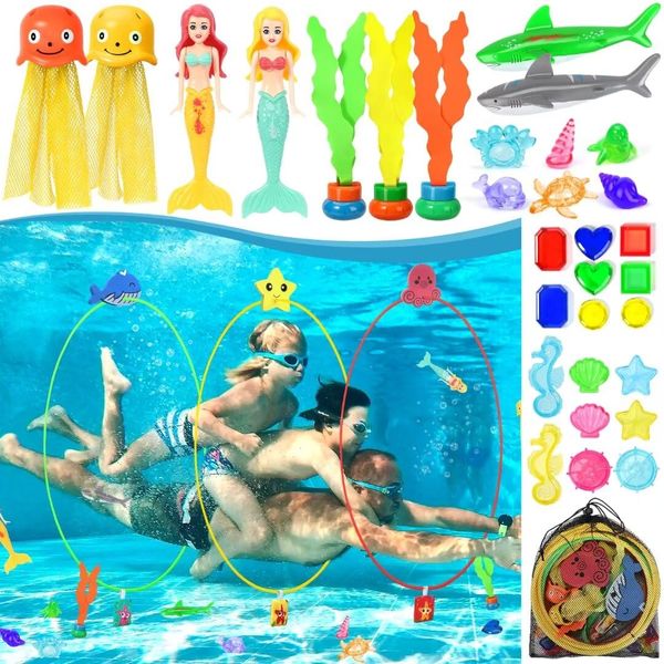 Gocvo 35 PCS Pool Toys for Kids Ages 3-12 Diving Beach Toys Set with Swim Thru Rings for Toddlers Adults Pool Games,Diving Gems,Diving Shark Torpedo,Pool Seaweed,Dive Jellyfish,Resistant Mesh Bag