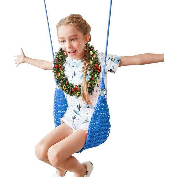 ROPECUBE Hand-Knitting Kids Swing, Indoor Outdoor Portable Tree Swing Seat,Adjustable Ropes, with Hanging Strap and Snap Hook for Camping Hiking Backyard Playset and Playroom, Easy Install(Blue)