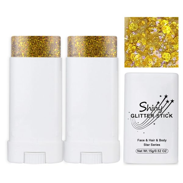 2 PCS Body Glitter Stick,Gold Body Glitter Stick for Singer Concerts,Waterproof Mermaid Face Glitter, Music Festival Chunky Glitter Makeup, Hair Glitter for Kids and Woman (04# Gold)