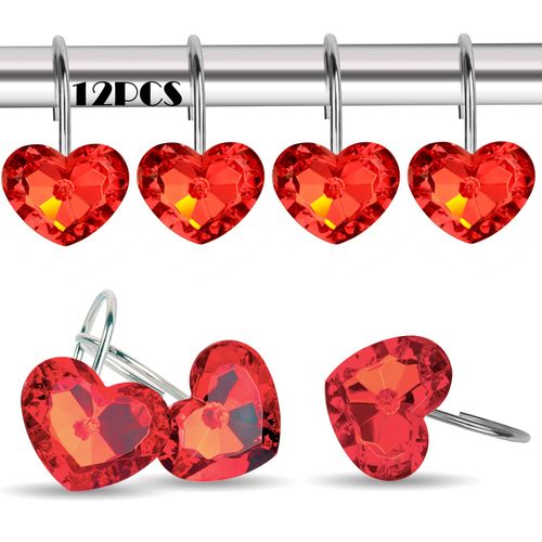 Red Rust Proof Shower Curtain Hooks - Metal Decorative Bath Crystal Diamond Rings for Curtain Rod - Decor Gift Set of 12