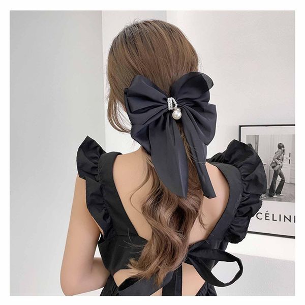 Boho Satin Haar bogen Beige Bogen Haar klammern Band Haars pangen Clip Große einfarbige Bowknot Haarnadel Headwear Perle Bogen Haar Barrette Lady Haars tyling Accessoires Schmuck für Mädchen (Schwarz)