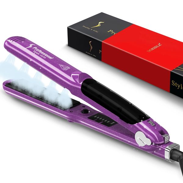 DORISILK 2.0 Upgraded Steam Straightener for Hair, Steam Flat Iron Hair Straightener Iron and Curler 2 in 1, Ceramic 450℉ Professional Hair Salon Steampod Styler Plancha Vapor LED Temp, 1 Inch Purple