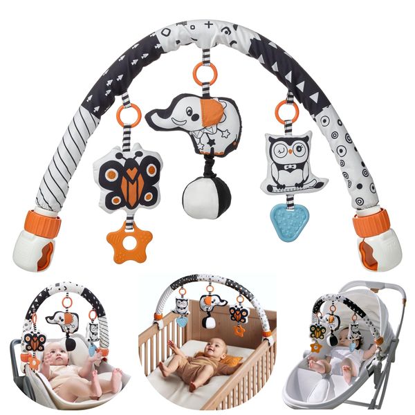 TUMAMA Car Seat Toys for Babies 0-6 Months, Stroller Toys for Infant 0-6 Months, Newborn Sensory Hanging Rattle Arch Toy with Butterfly Elephant Owls,Musical Toy for Baby 6-12 Months