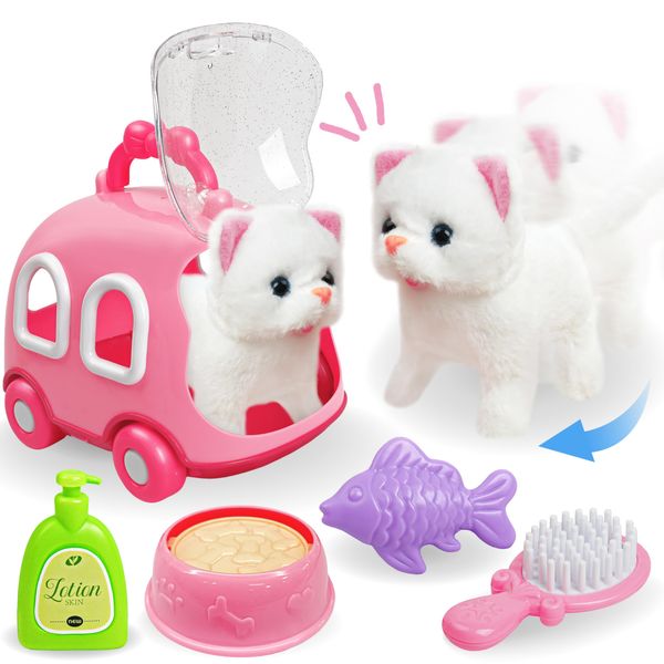 SMILESSKIDDO Walking Cat Toys for Girls - Electronic Meow Kitty with Animated Walking Wag Tail, Storage Cage and Accessories, Interactive Pet Gifts for Toddlers 2 3 4 5 6