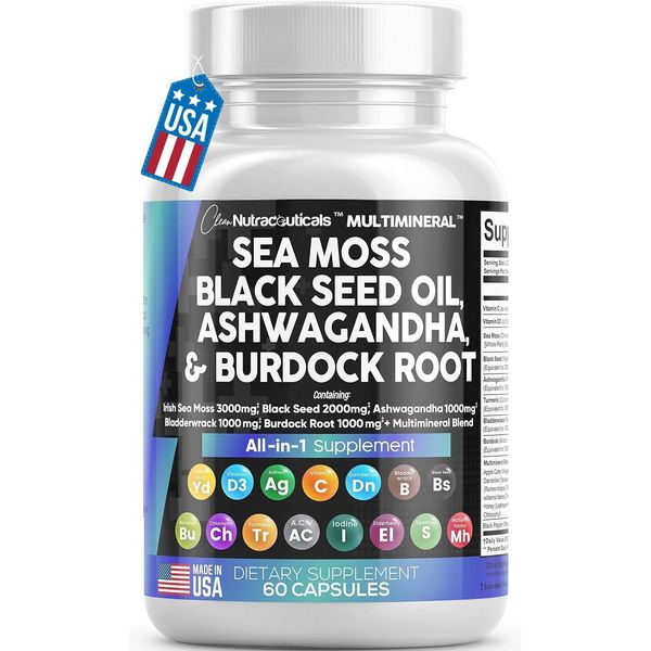 Sea Moss 3000mg Black Seed Oil 2000mg Ashwaganda 1000mg Tumeric 1000 Bladderwrac