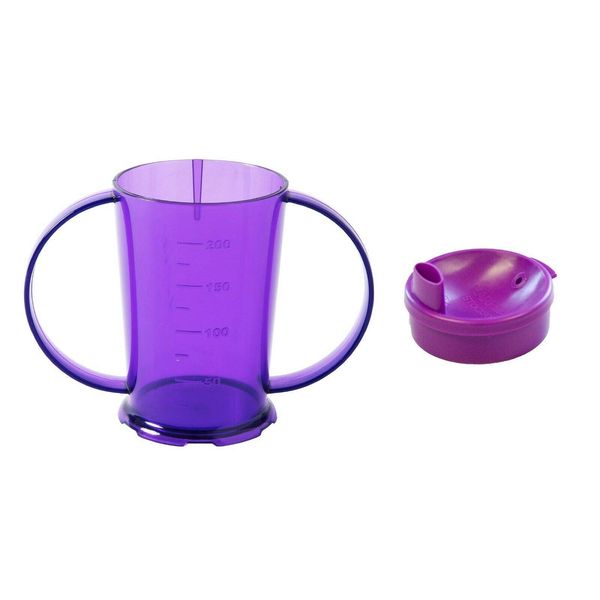 Two Handled Graduated Beaker with Lid - Pack of 1-200ml Adult Feeder Cup - Drinking Aid (Colour Purple, Wide Spouted Lid)