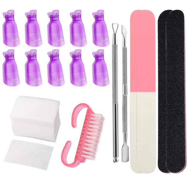 Gel Nail Polish Remover Tools Kit, VEGCOO 10 Pcs Nail Polish Remover Clips, 4 Nail Files, 200 Pcs Nail Wipe Cotton Pads, 2 Cuticle Pusher & a Nail Brush for Gel Manicure Nail Polish Removing (Purple)