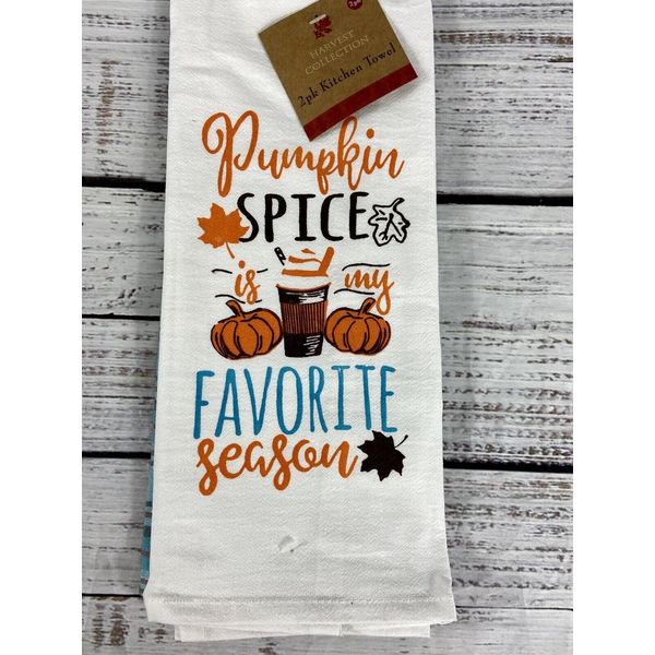 2 Pk Fall Kitchen Tea Towels Pumpkin Spice Favorite Season Orange Lt Blue Plaid