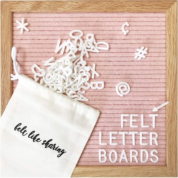 Felt Letter Board, 10x10in Changeable Letter Board with Letters White 300 Piece - Felt Message Board, Oak Frame Wooden Letter Board for Baby Announcements, Milestones, Office Decor & More (Light Pink)